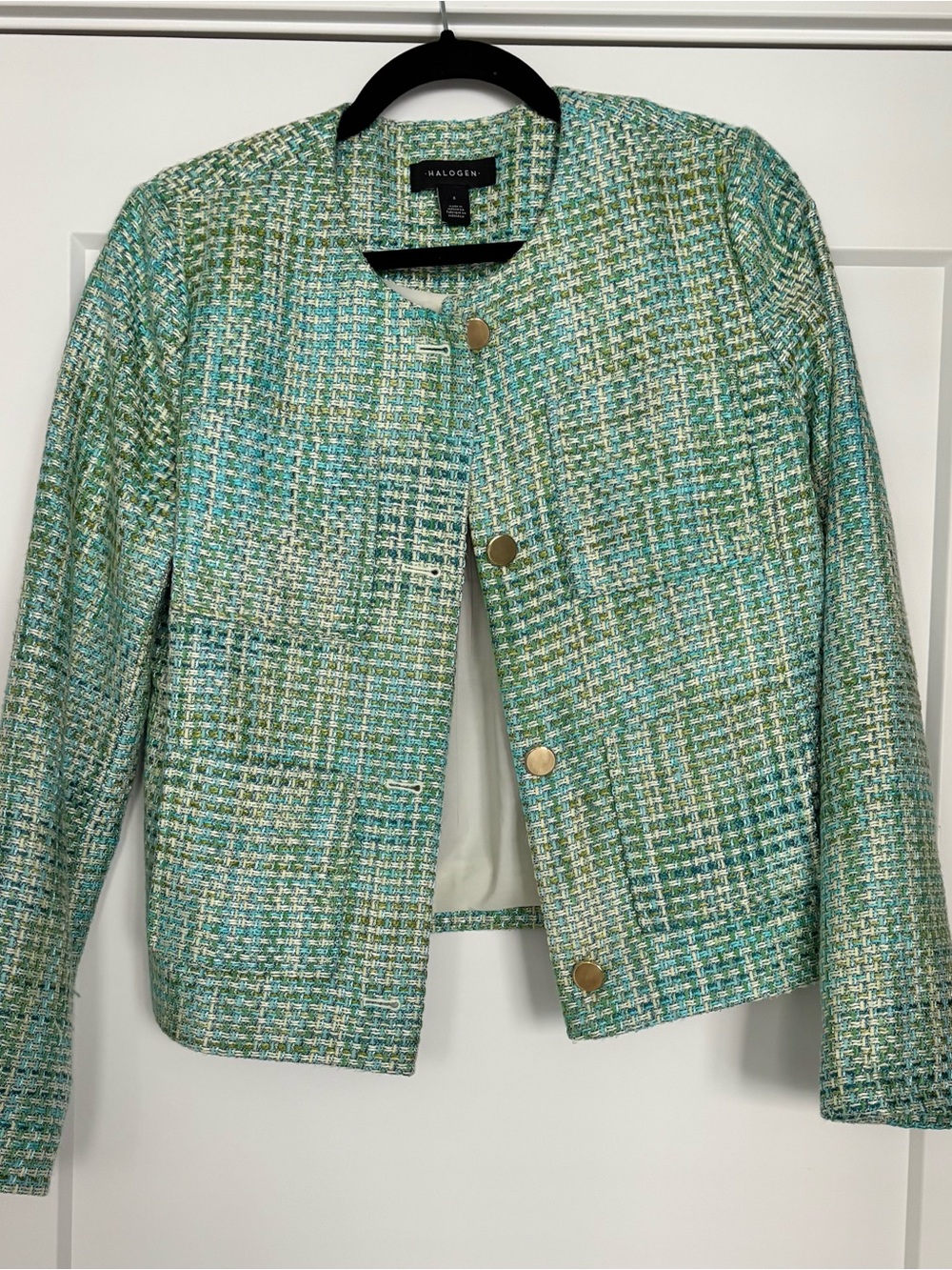 Halogen Teal & Green Tweed Collarless Blazer